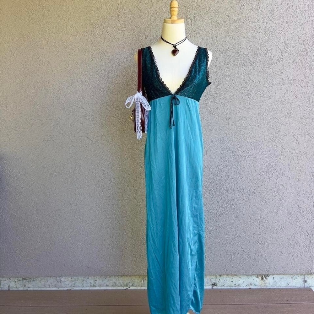 Vintage Blue Teal Maxi Slip Dress Plunge Neck w/ Black Lace Lingerie Glam‎ Sz S